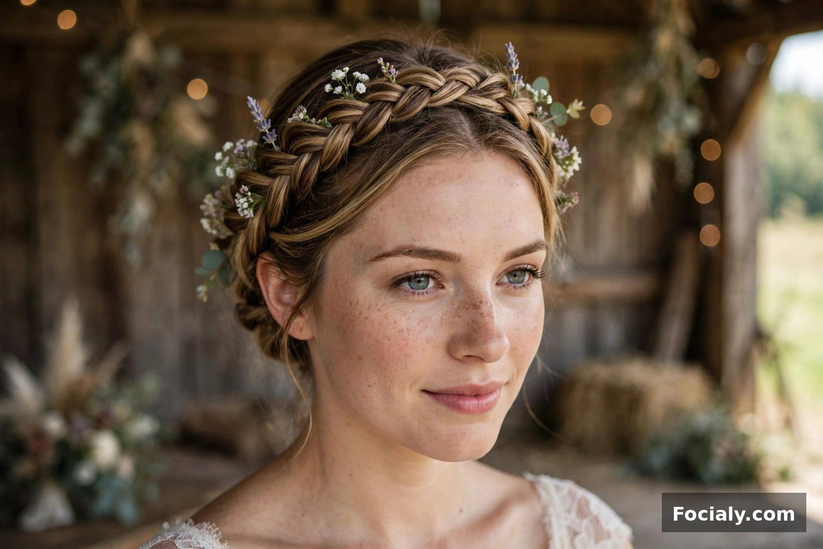 Woman with milkmaid braids hairstyle at a rustic wedding