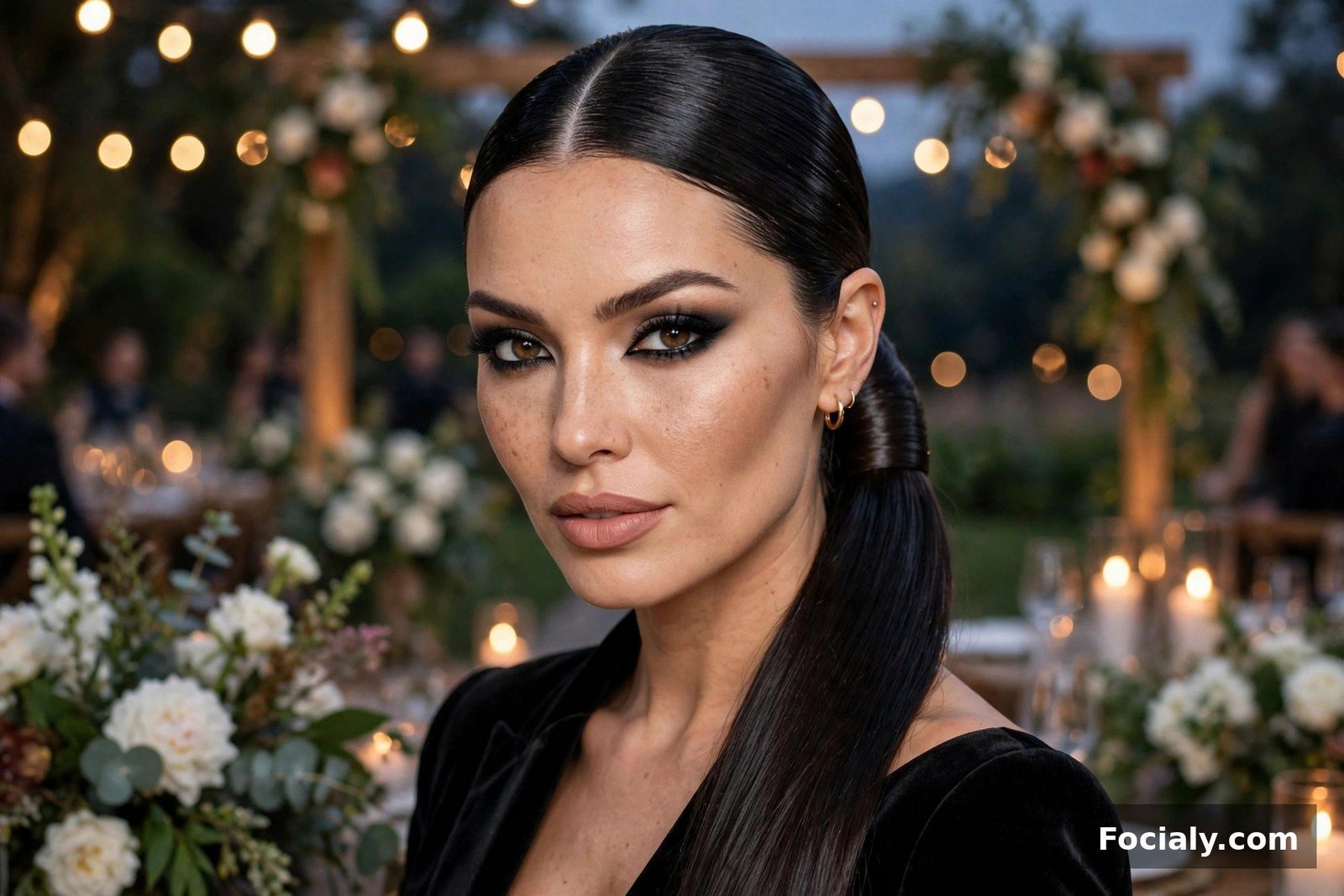 Woman with a sleek wrapped ponytail hairstyle at an evening wedding