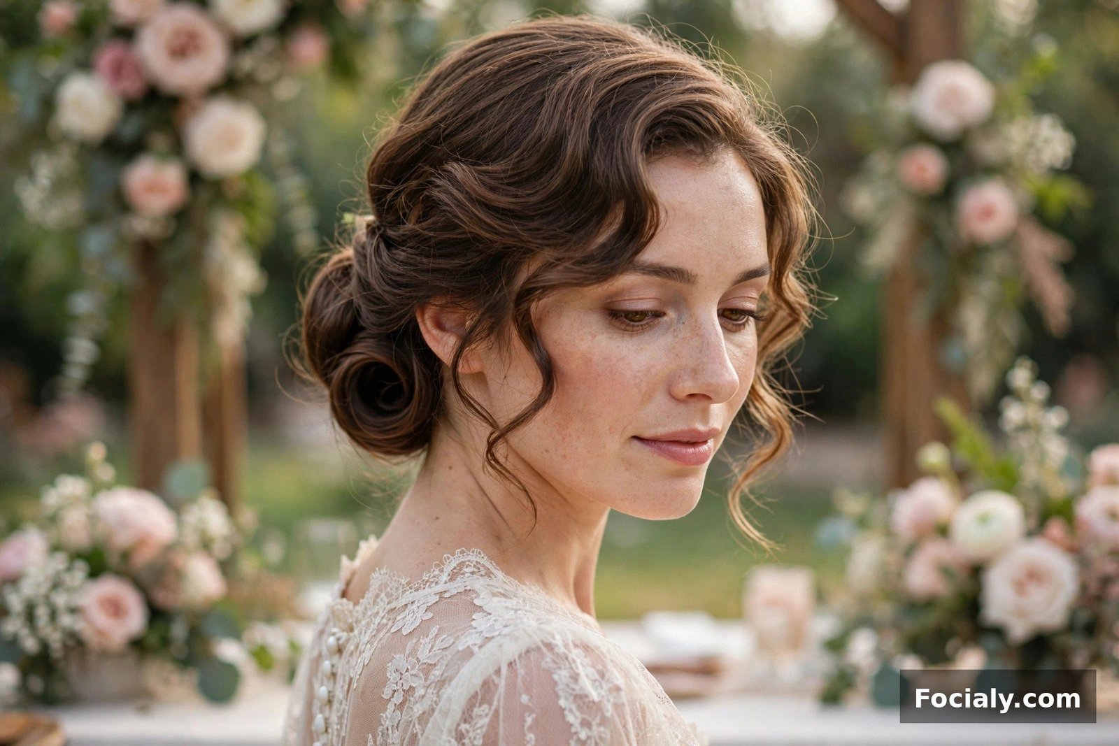 Woman with a romantic Gibson tuck hairstyle at a wedding
