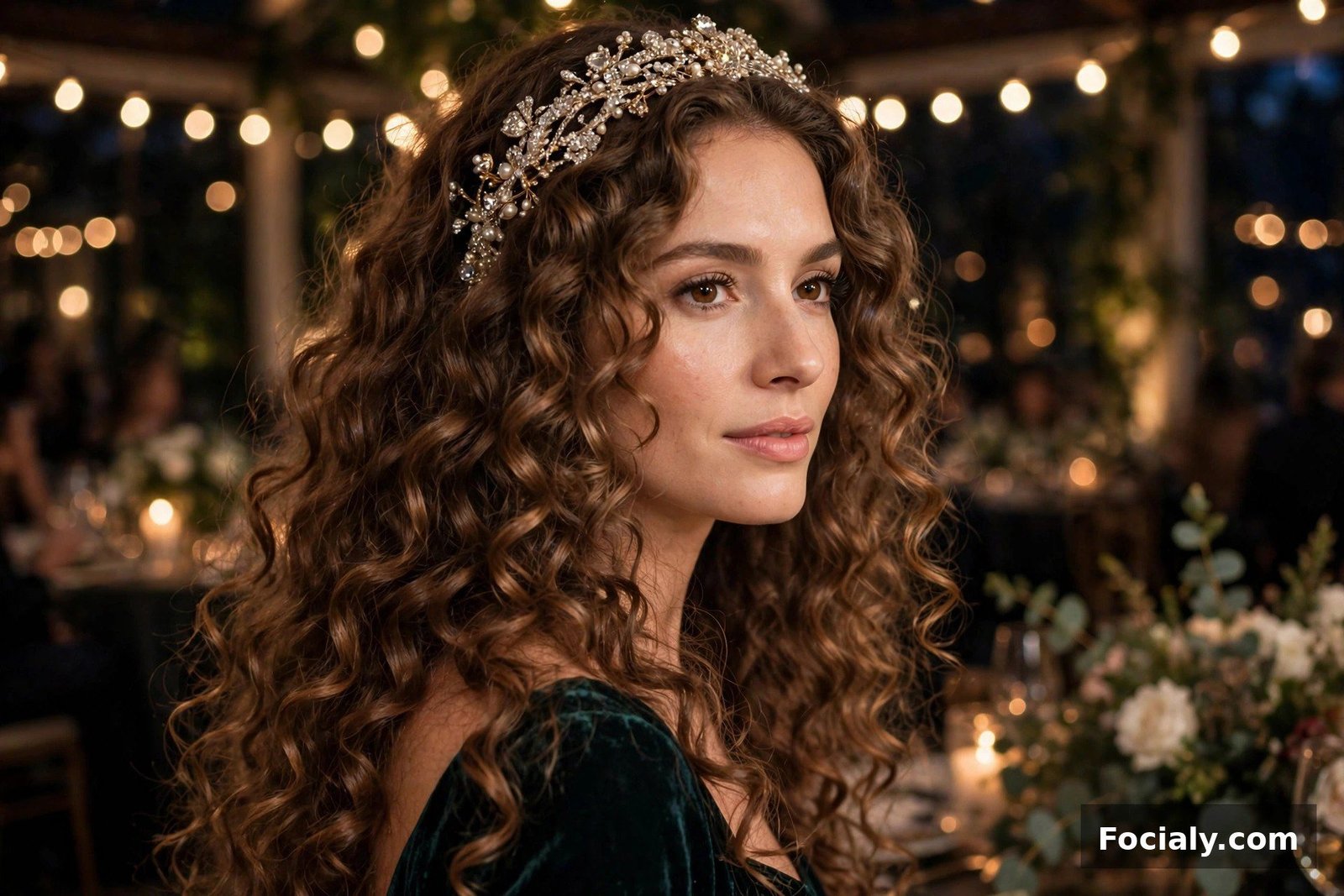 Woman with cascading curls and a jeweled headband at a wedding