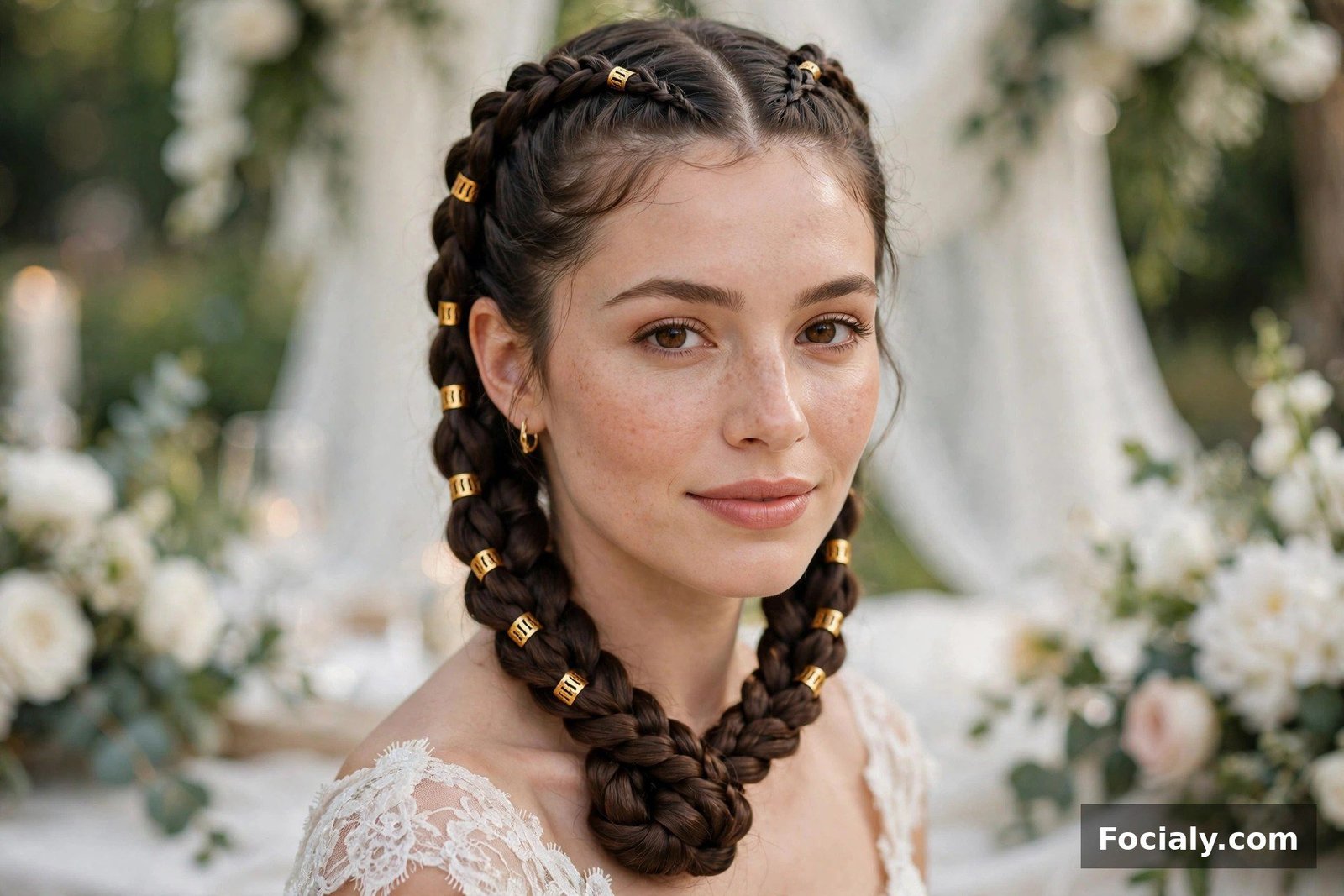 Woman with double Dutch braids flowing into a low bun