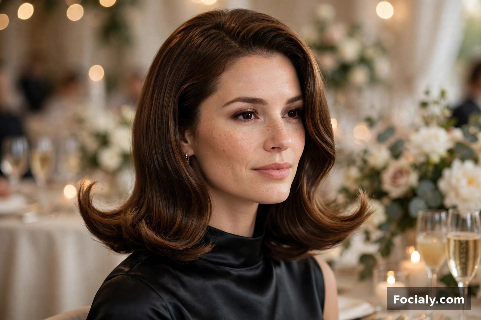 Woman with a classic pageboy flip hairstyle at a wedding
