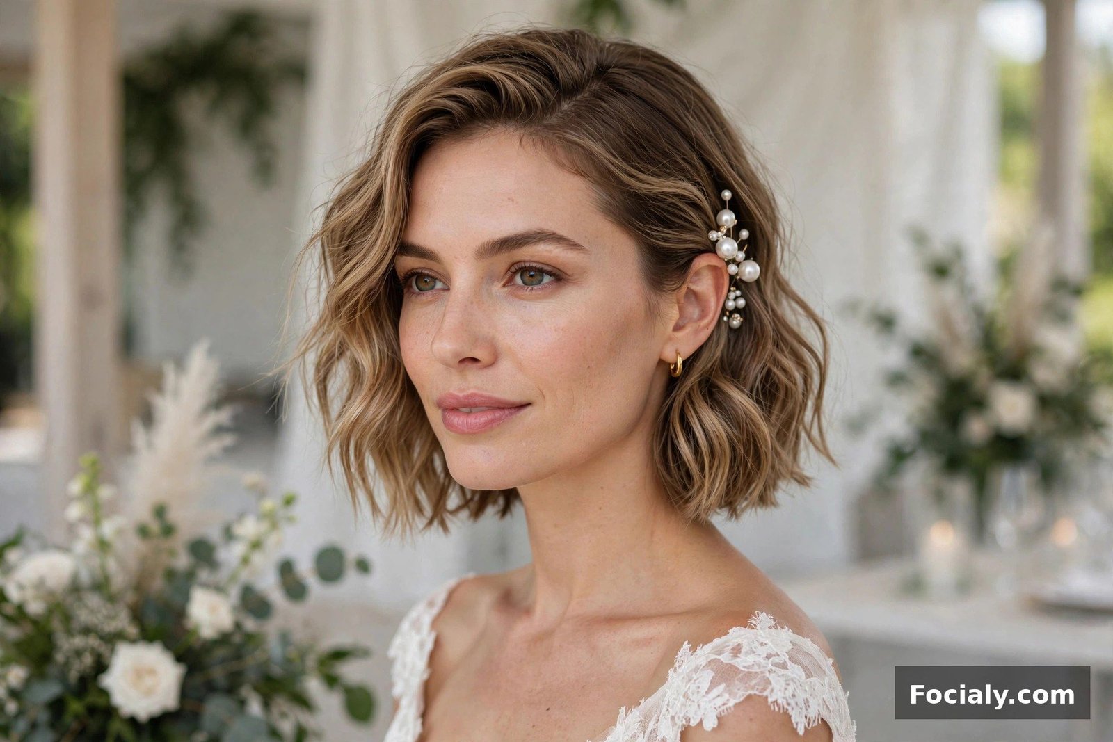 Woman with a wavy lob hairstyle decorated with decorative hair pins