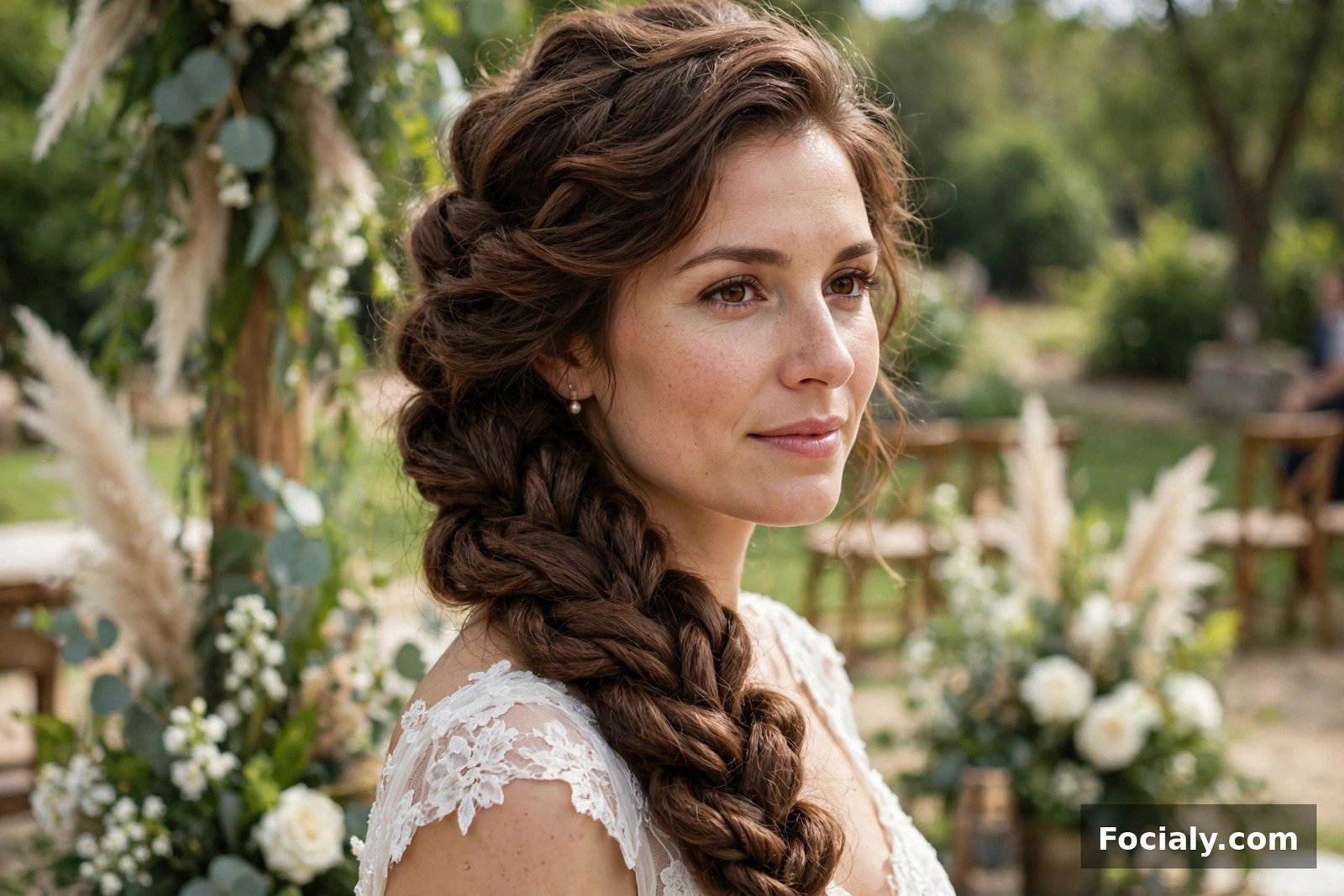 Woman with a twisted side braid hairstyle at a wedding