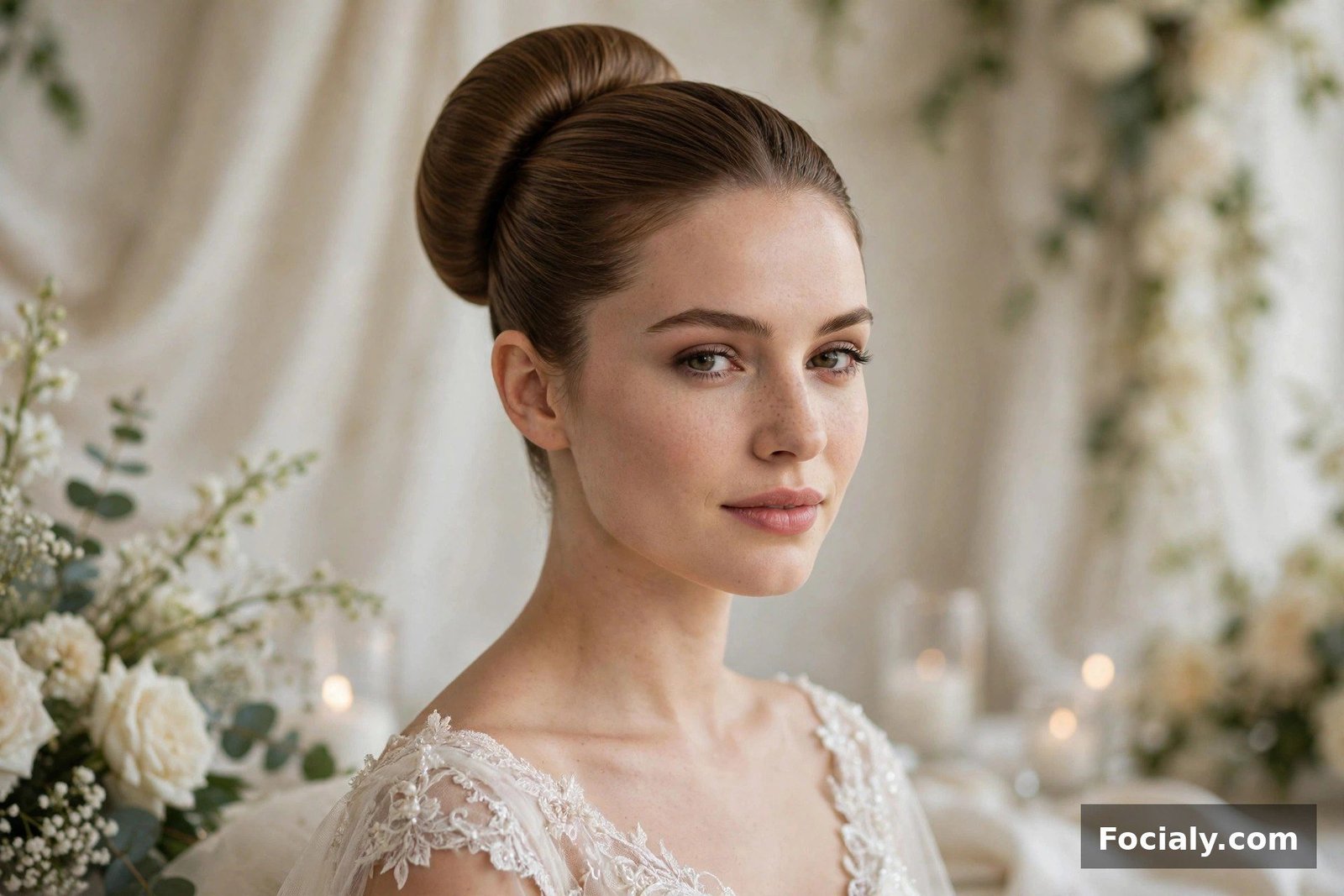 Woman with a perfectly round elegant sock bun at a formal wedding