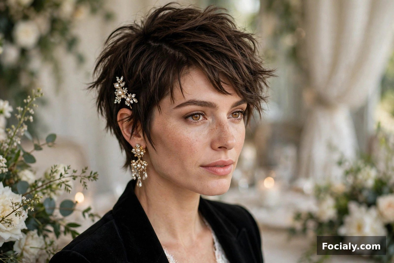 Woman with a tousled pixie cut styled with a jeweled clip at a wedding