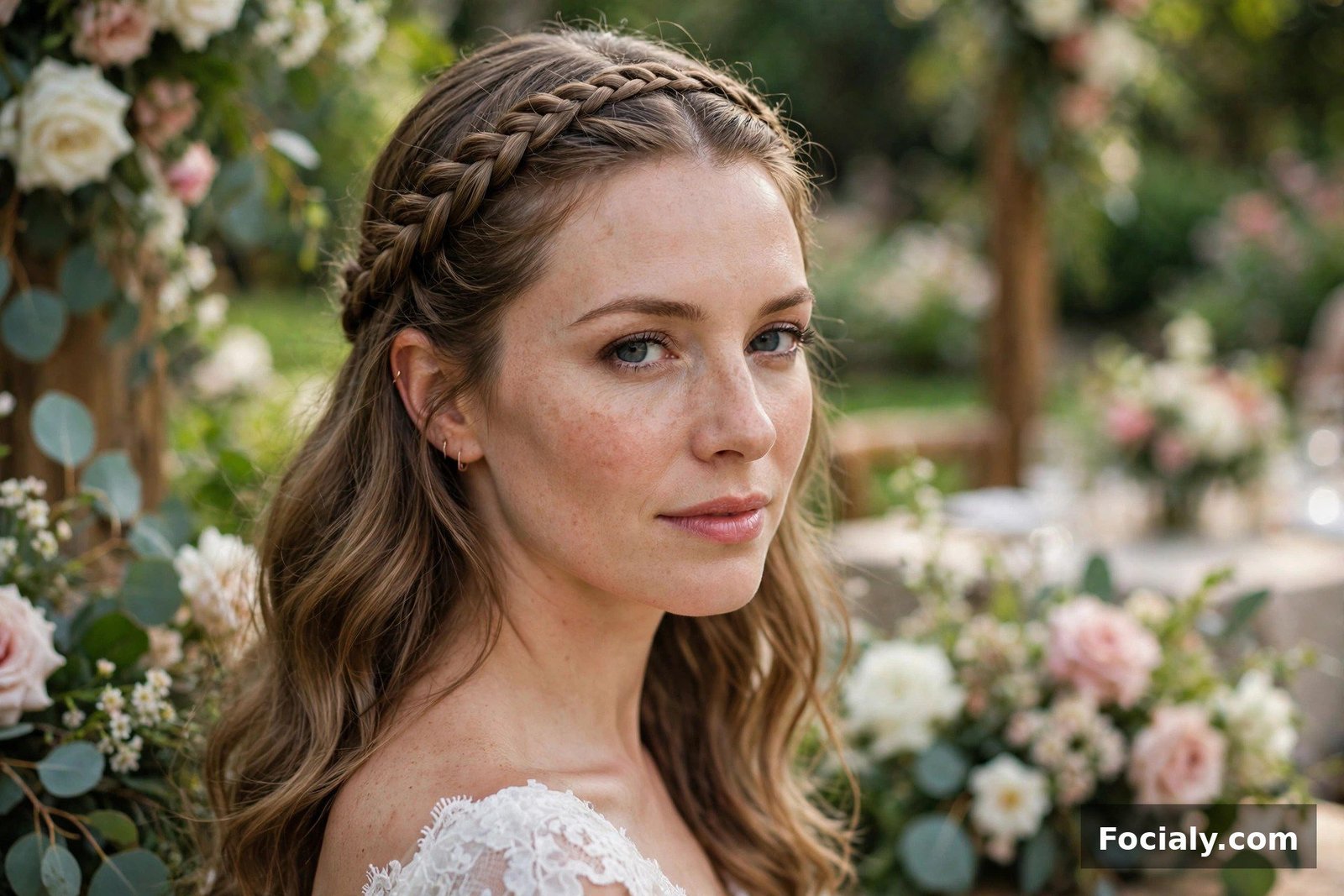 Woman with a braided headband hairstyle keeping hair back elegantly
