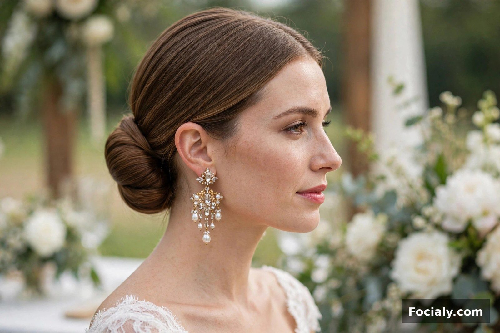 Woman with a low side chignon hairstyle at a wedding