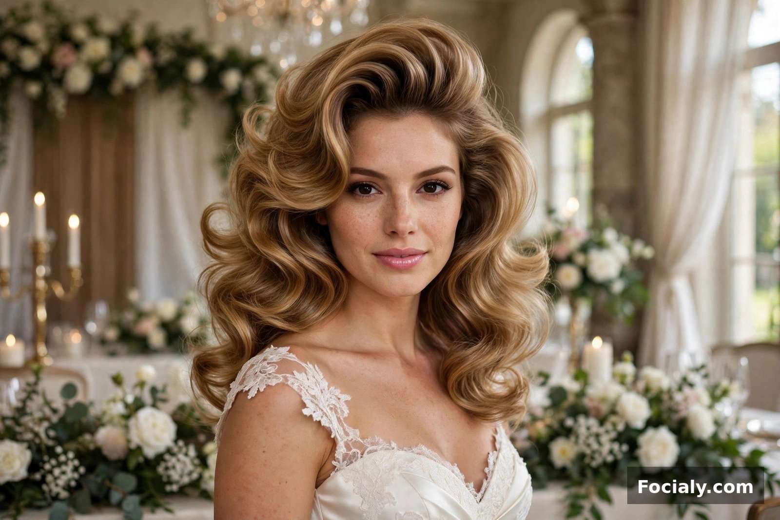 Woman with a voluminous bouncy blowout hairstyle at a wedding