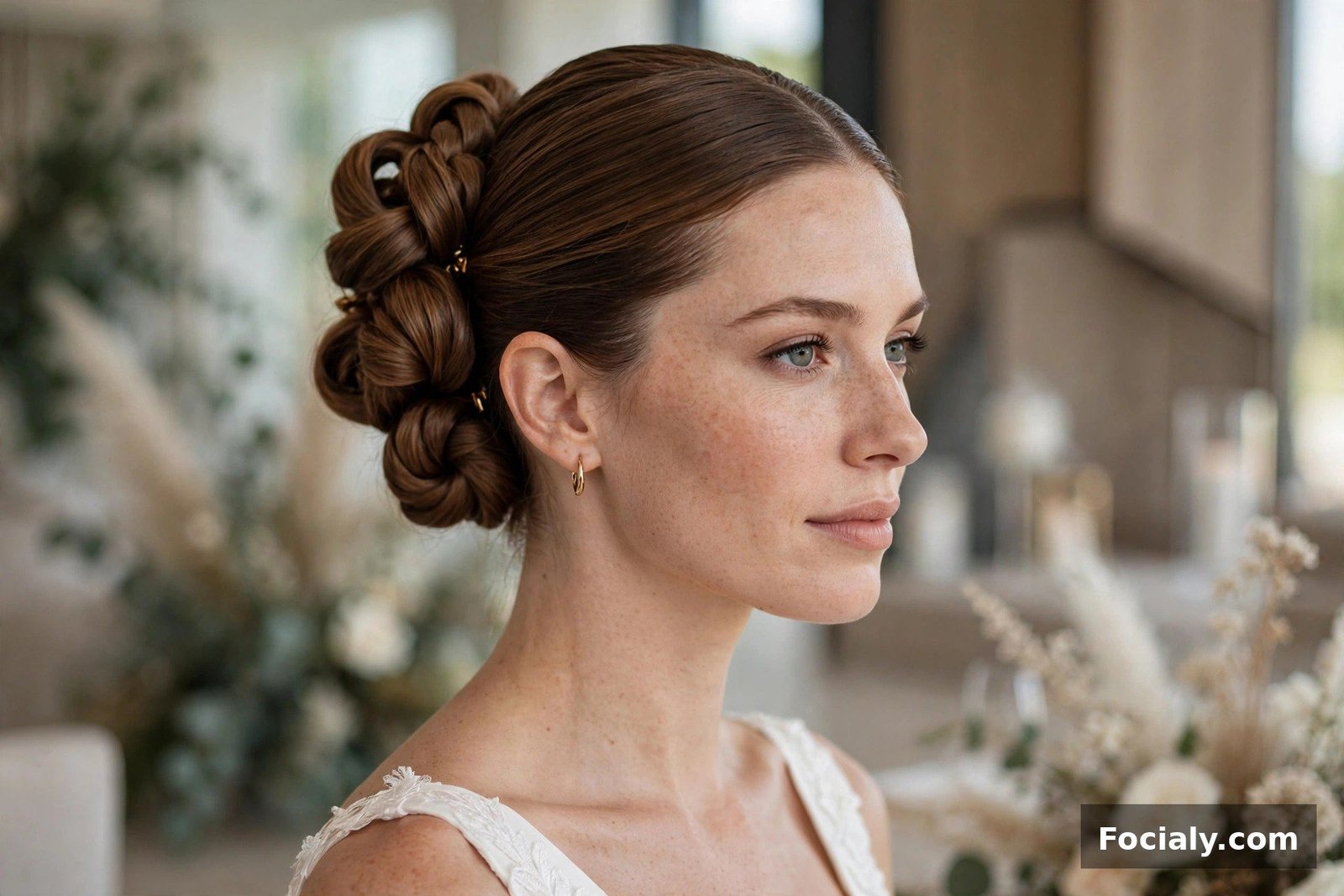 Woman with a knotted updo hairstyle featuring twisted knots