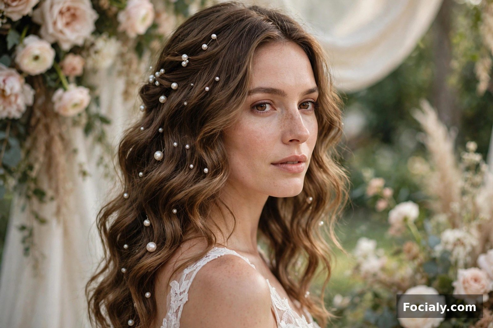 Woman with soft waves embellished with pearl hair pins at a wedding