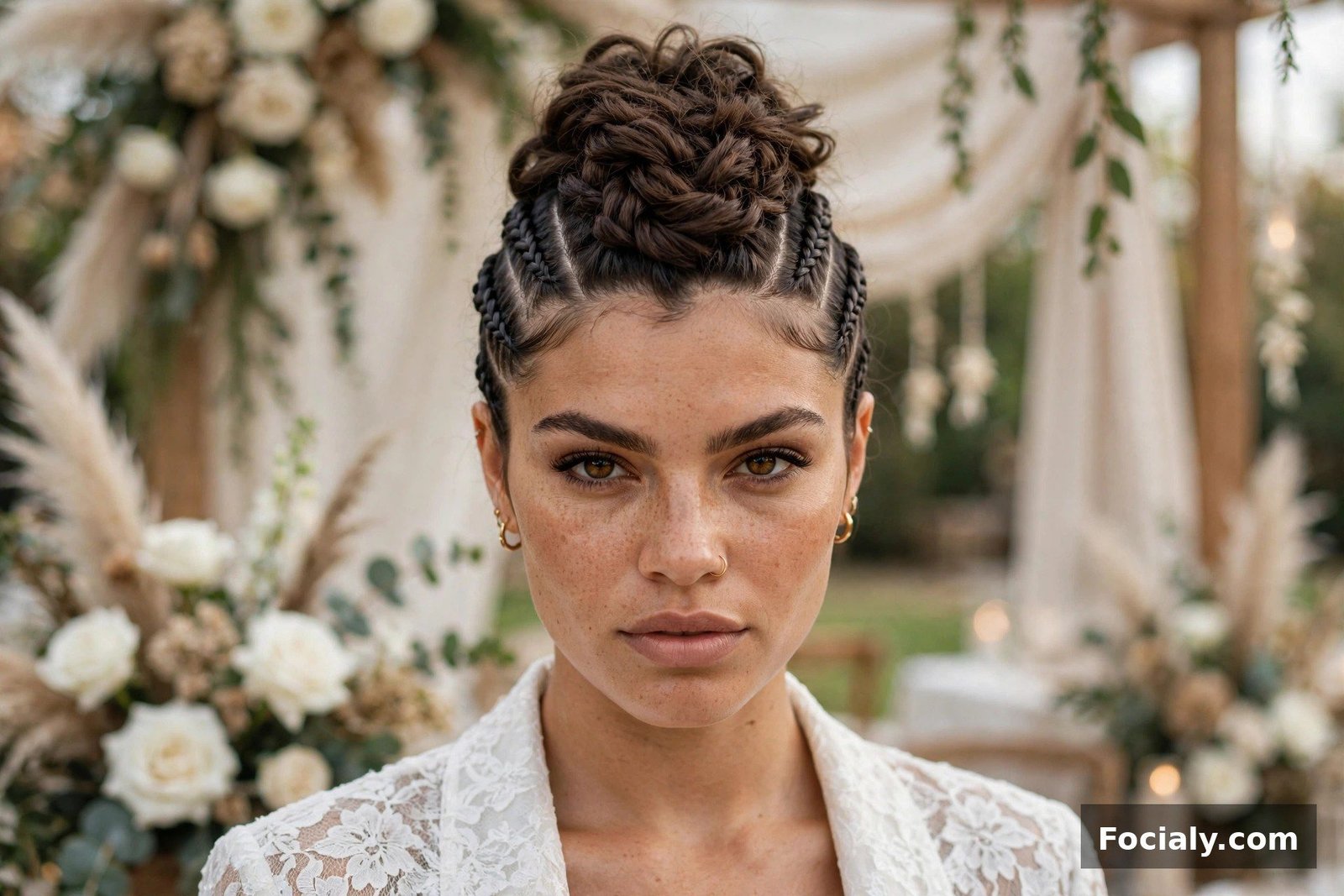 Woman with a braided faux hawk hairstyle at a trendy wedding