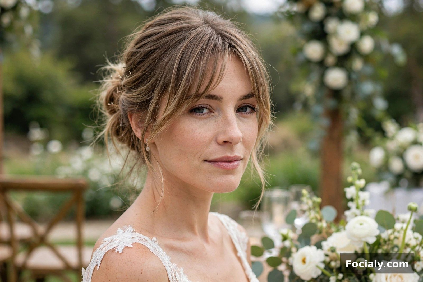 Woman with a soft updo and curtain bangs at a wedding