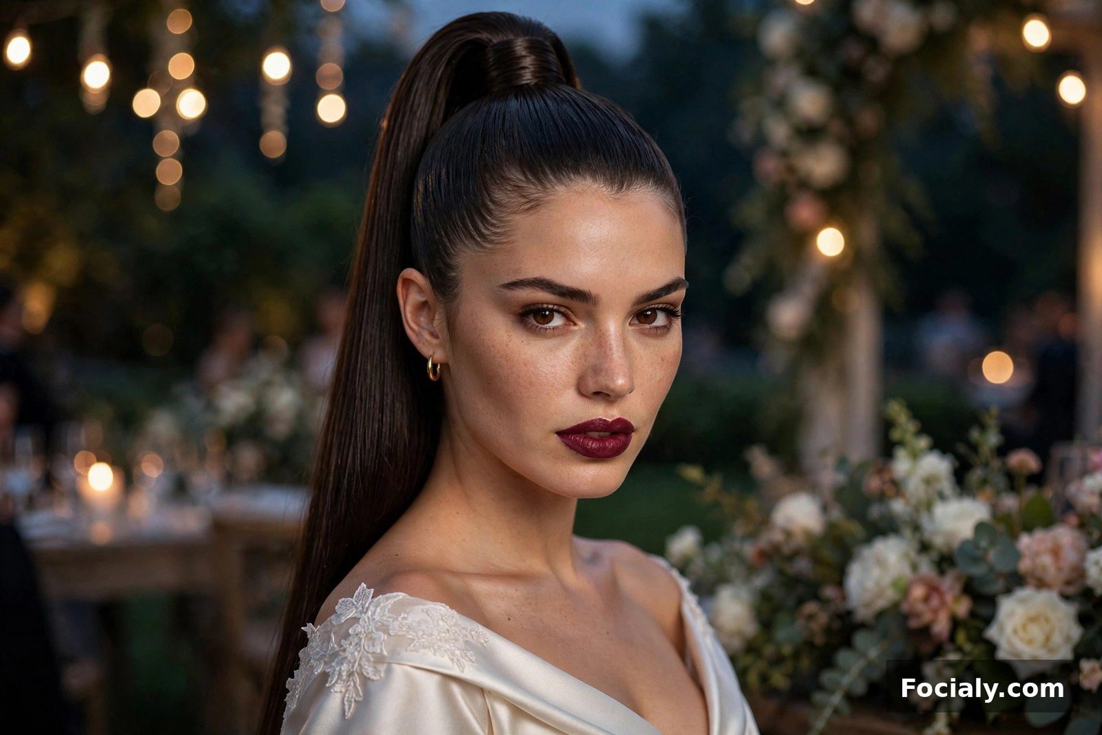 Woman with a sleek high ponytail wrapped at the base