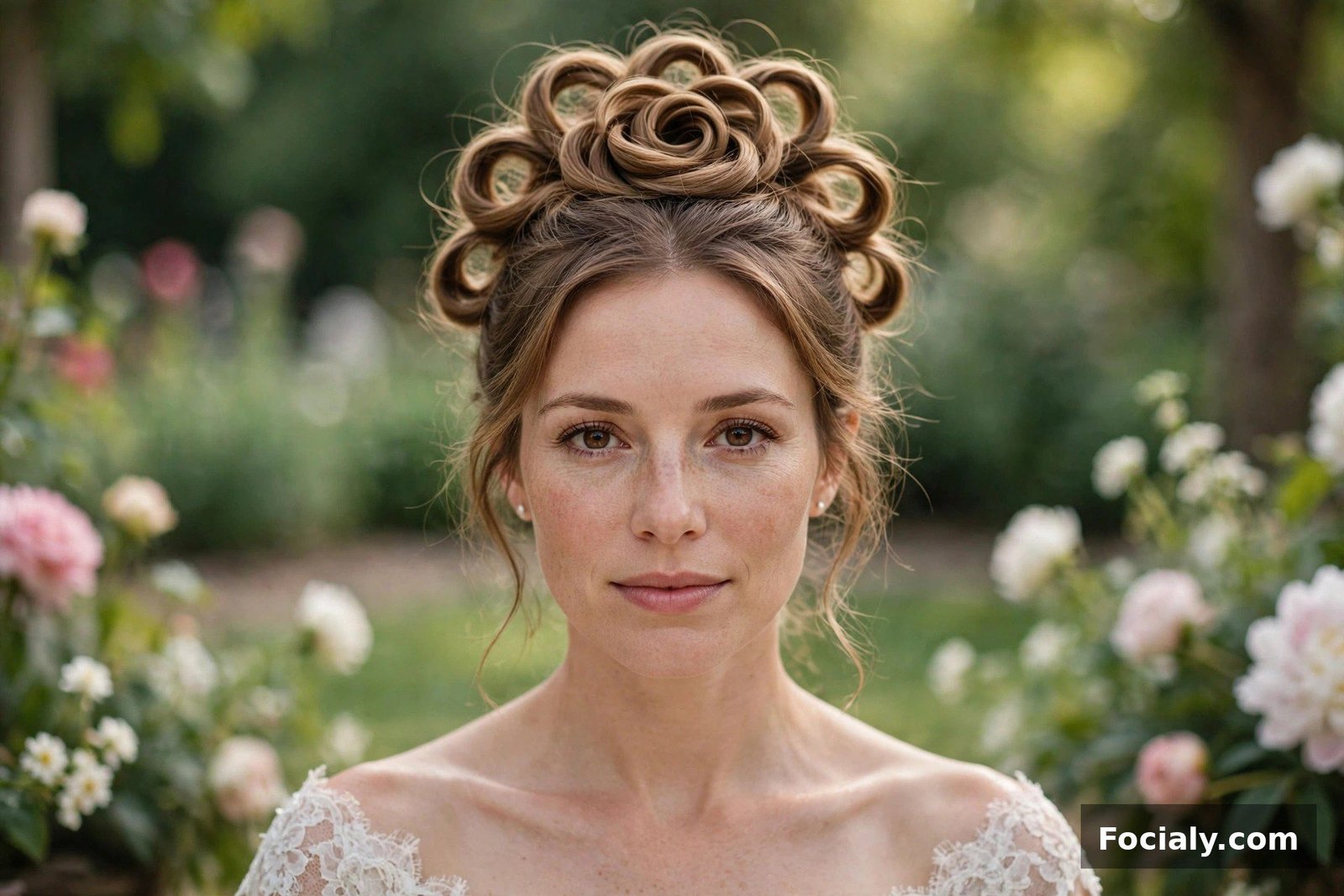 Woman with a romantic rosette bun hairstyle shaped like a flower