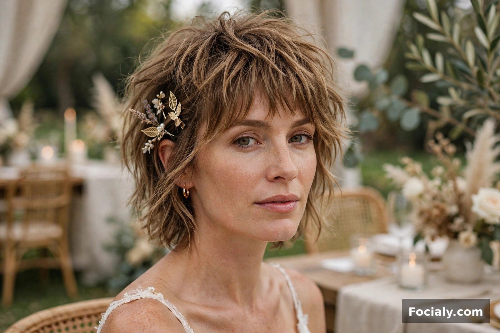 Woman with a textured shag haircut styled with decorative clips