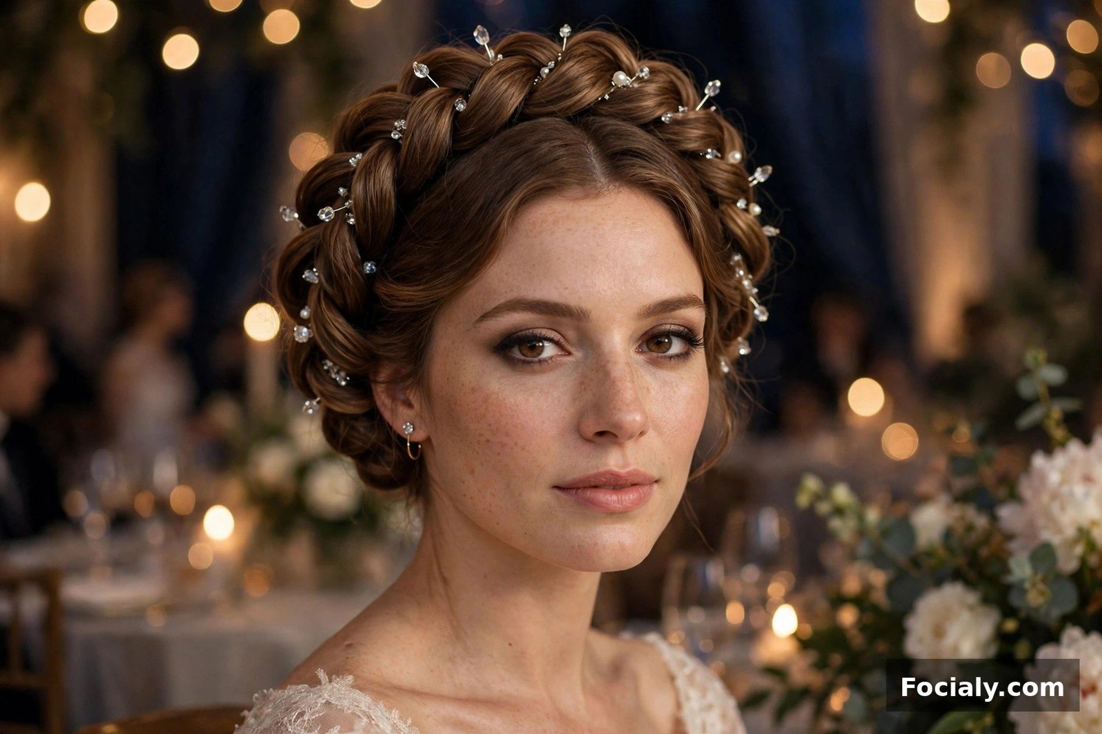 Woman with a crown twist updo wrapping around her head
