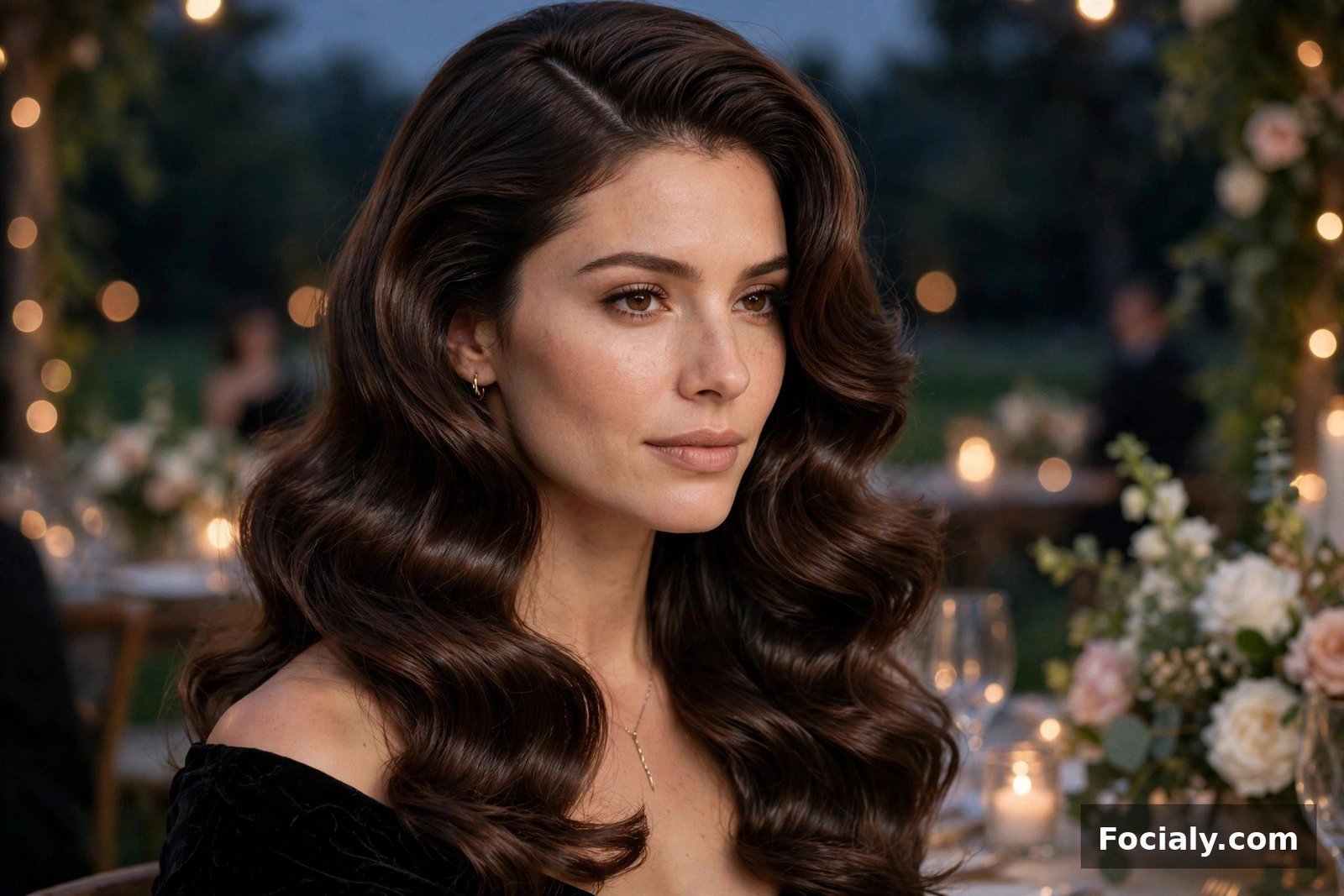 Woman with glossy waves and a deep side part at a wedding