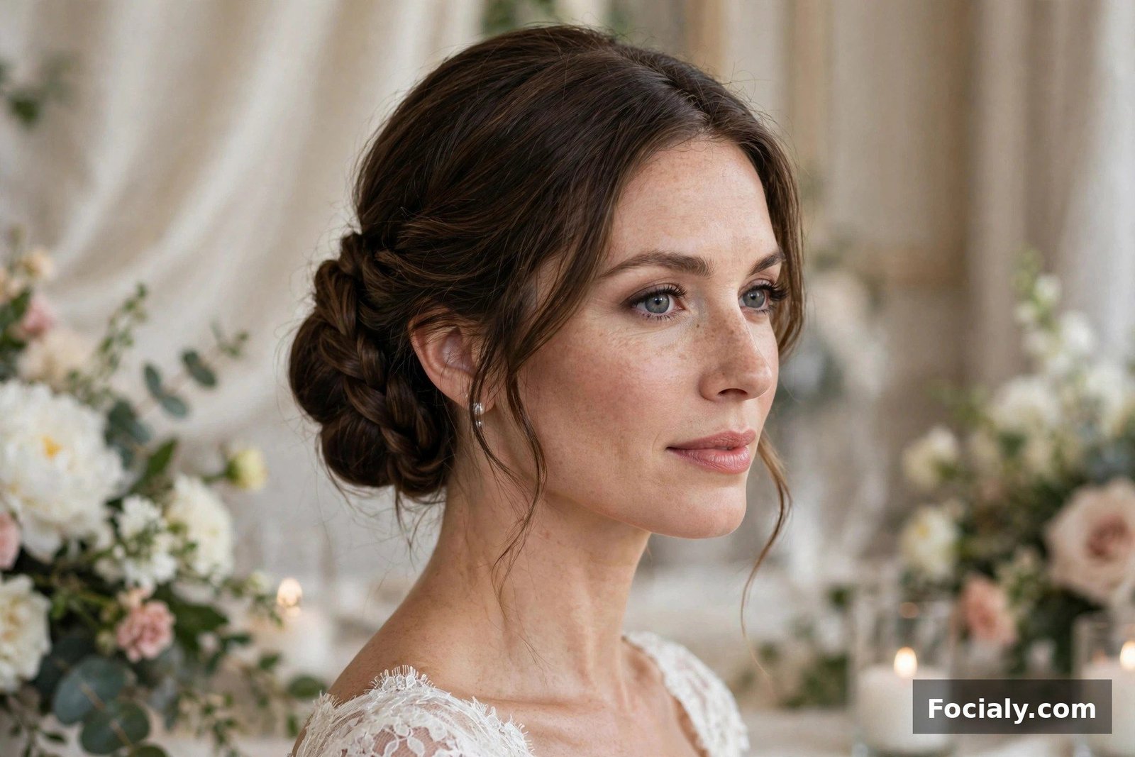 Woman with a braided low chignon combining braid and bun