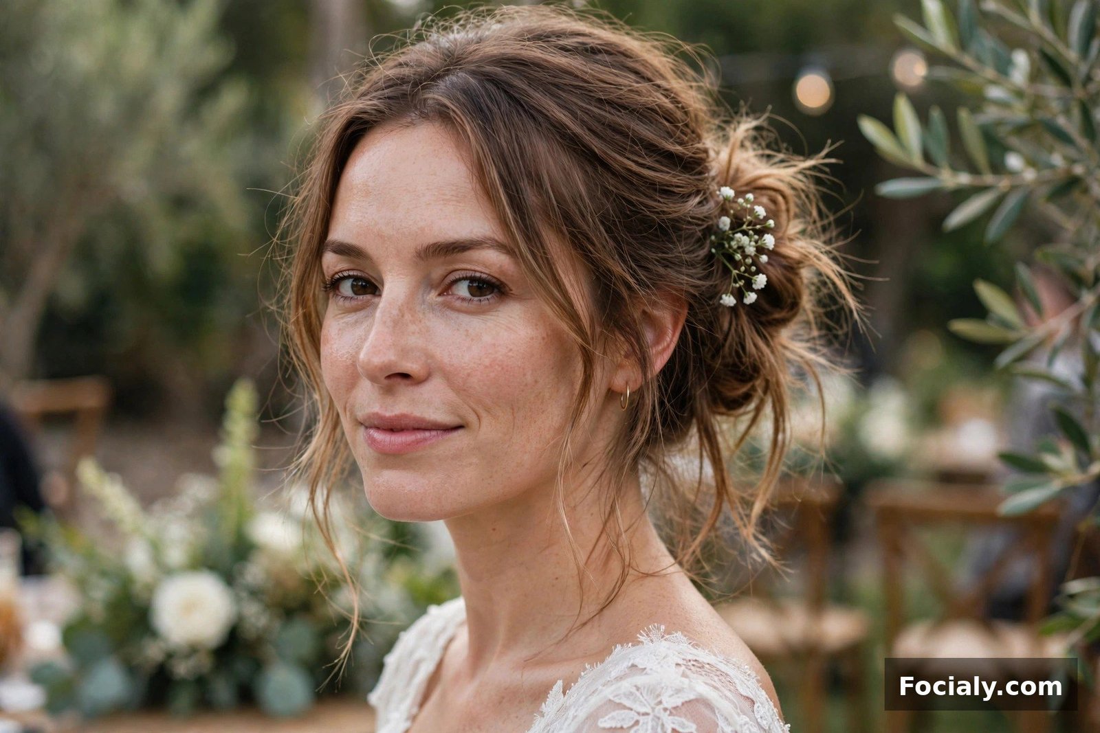 Woman with a messy side bun hairstyle at a relaxed wedding