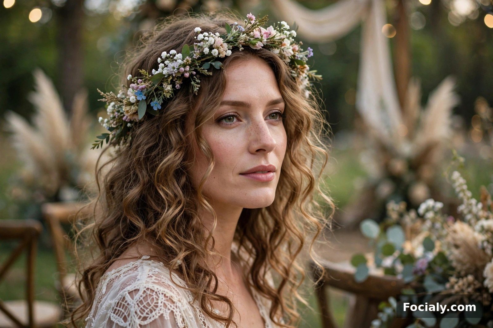 Woman wearing a floral crown with loose curls at a wedding