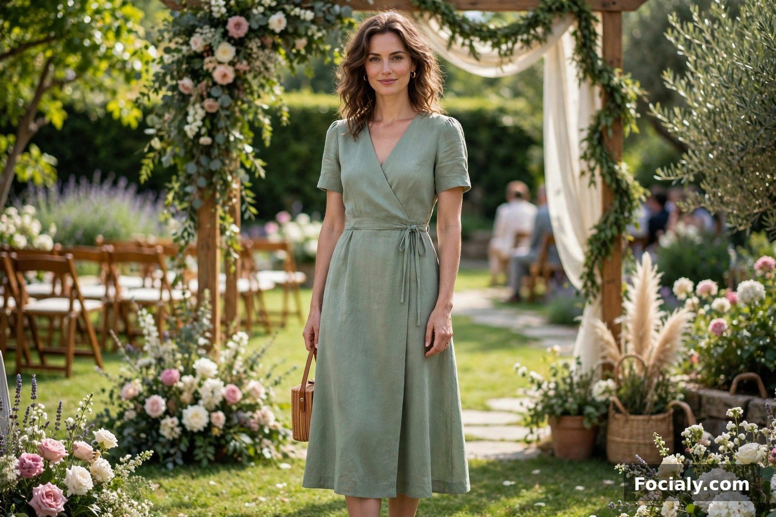 Woman in a sage green midi dress with short sleeves at an outdoor wedding ceremony