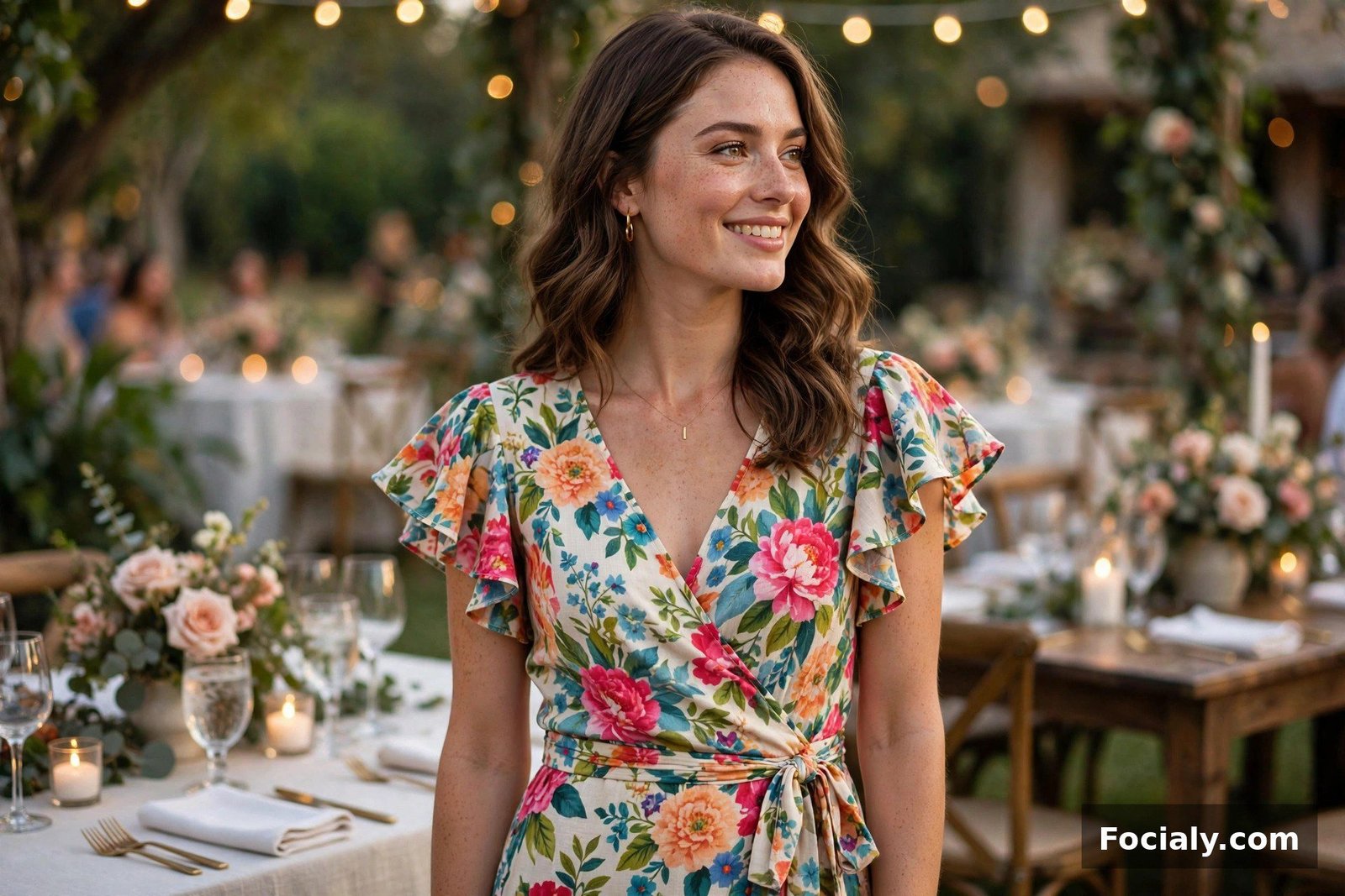 Woman in a colorful floral wrap dress with flutter sleeves at a wedding
