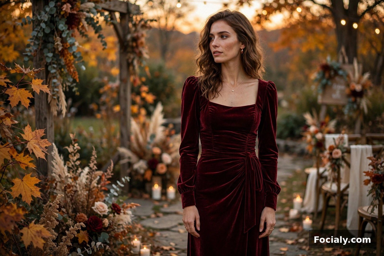 Woman wearing a burgundy velvet midi dress at an autumn wedding