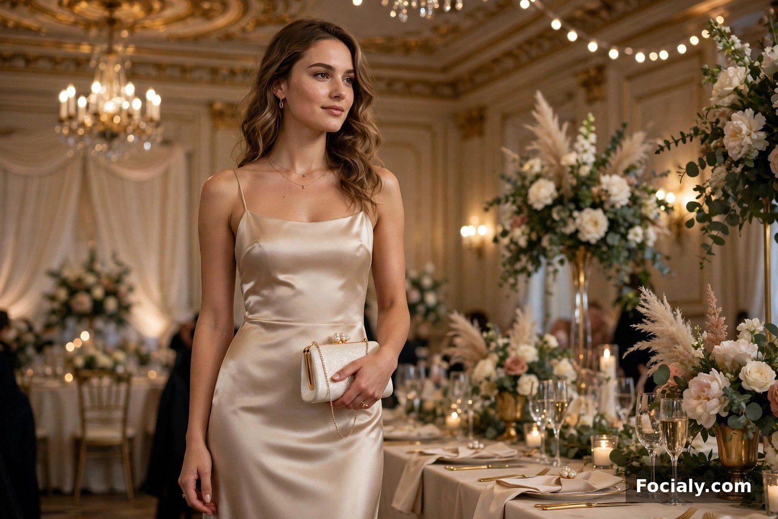 Woman in a champagne satin midi dress holding a clutch at a wedding reception