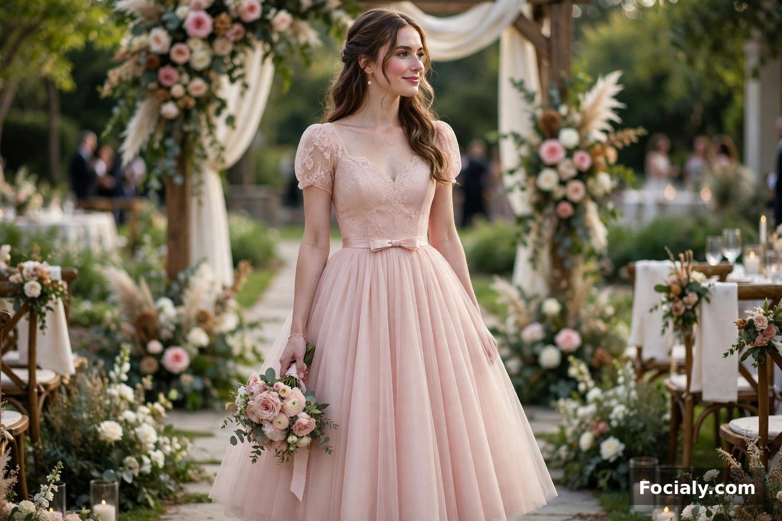 Woman wearing a blush pink tea-length dress with full skirt at a wedding