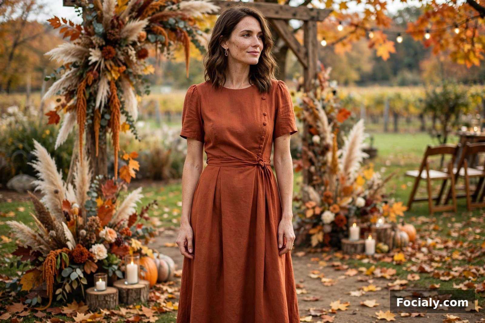 Woman in a terracotta rust-colored midi dress at a fall wedding