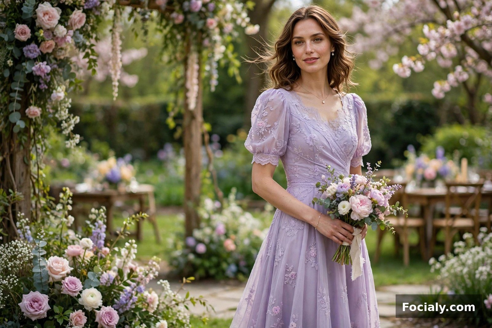 Woman in a lavender pastel midi dress at a spring wedding