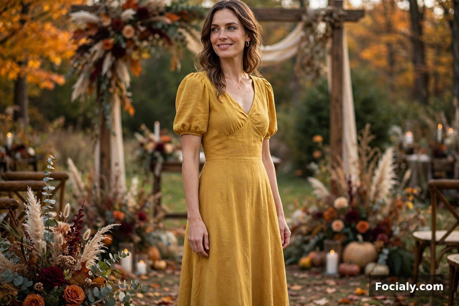 Woman wearing a mustard yellow midi dress at a fall wedding