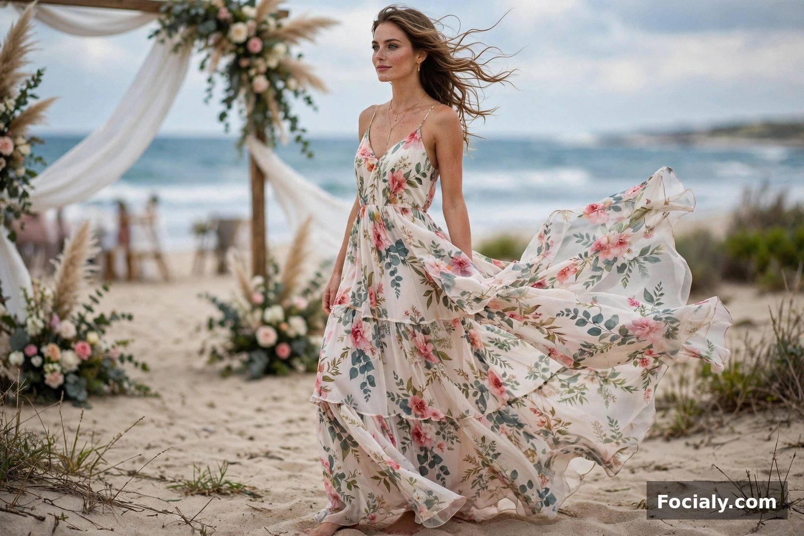 Woman in a flowing floral maxi dress at a beach wedding