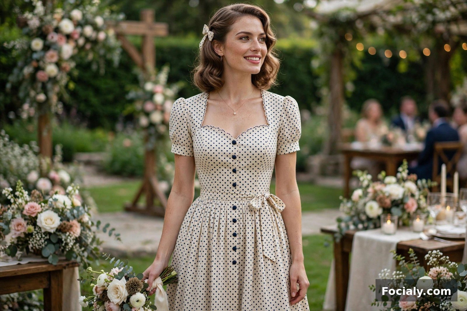 Woman wearing a vintage-style polka dot tea dress at a wedding