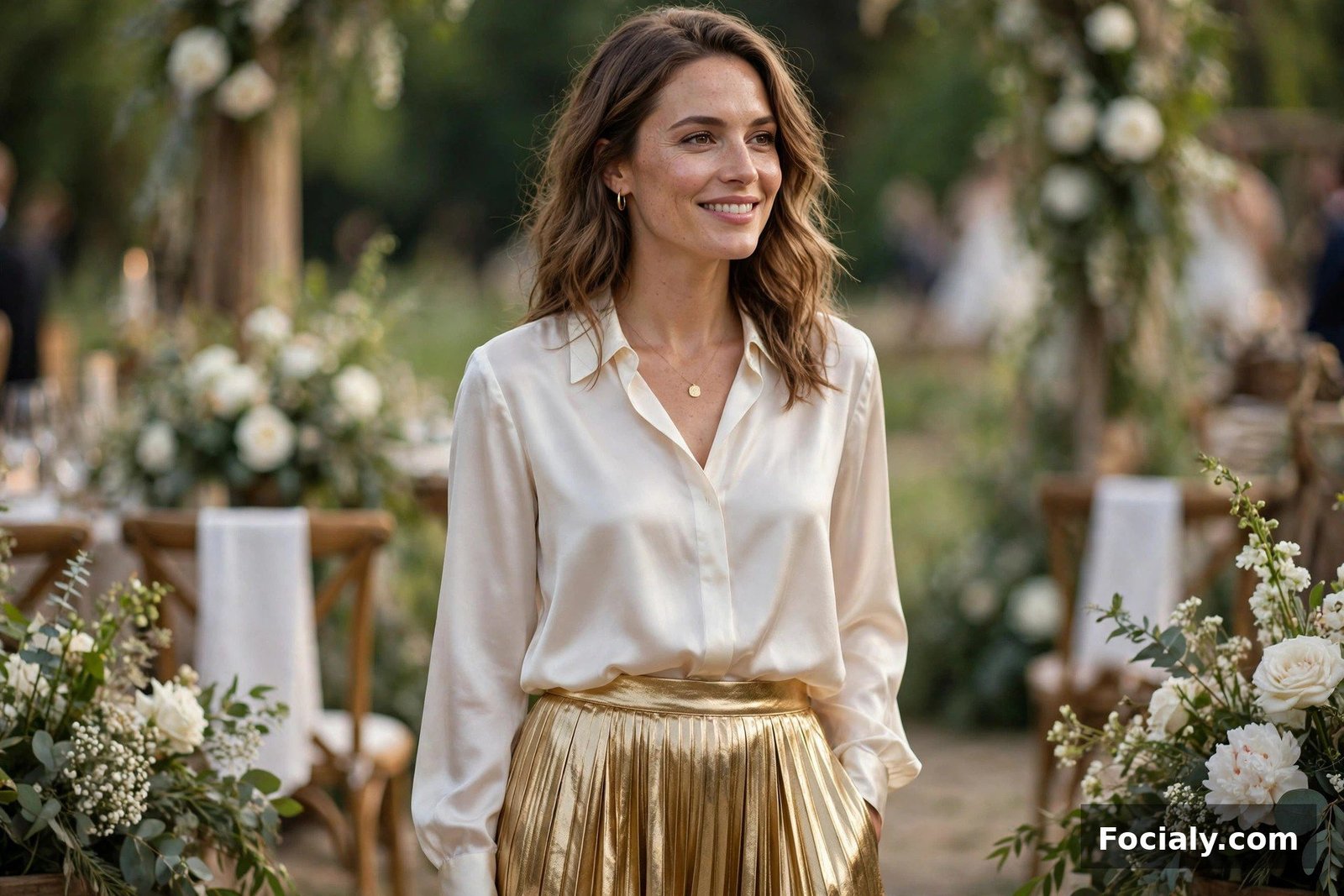 Woman wearing a pleated gold metallic skirt with a silk blouse at a wedding