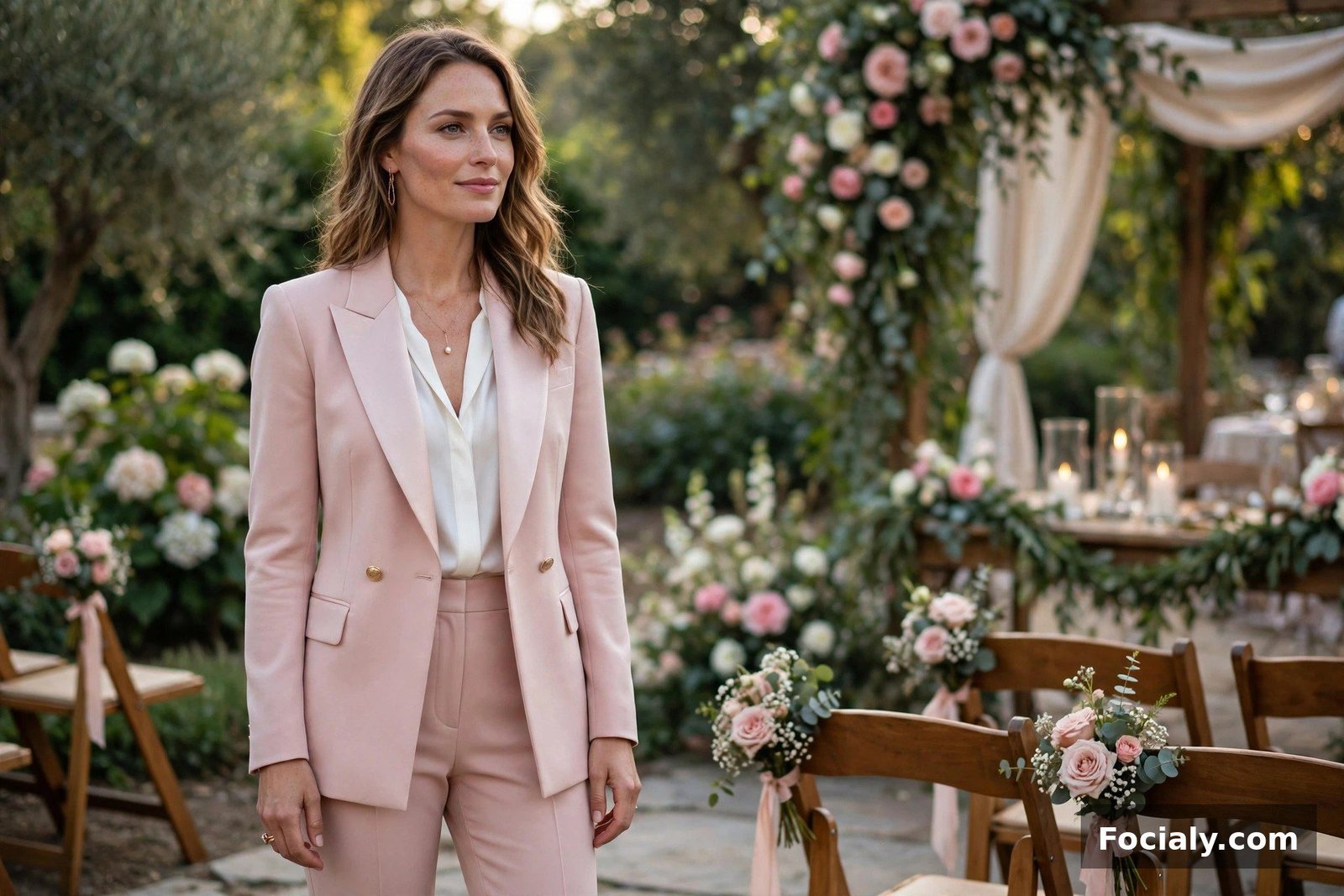 Woman wearing a blush pink tailored pantsuit at a wedding