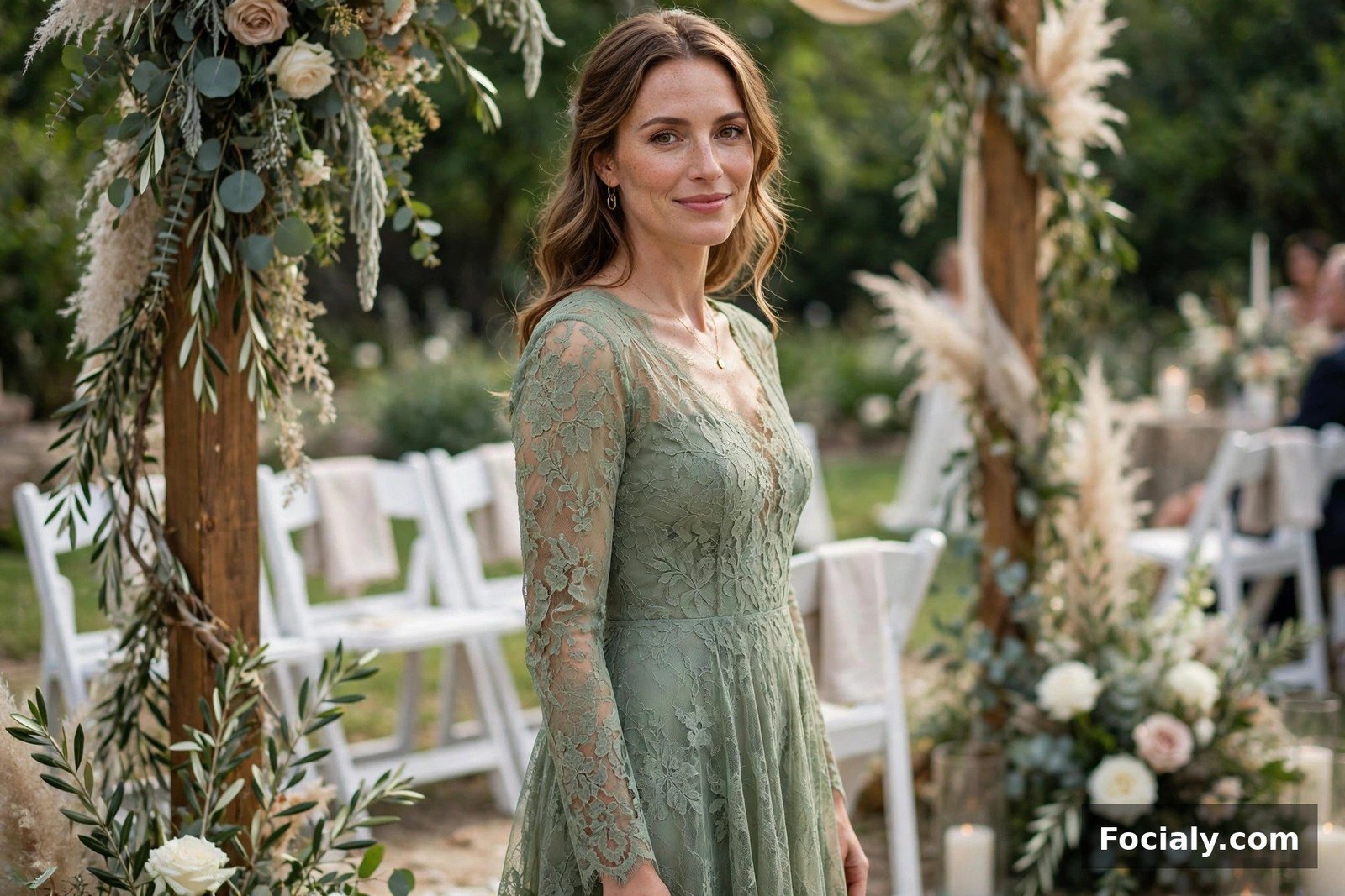 Woman wearing a sage green lace overlay dress at a wedding ceremony