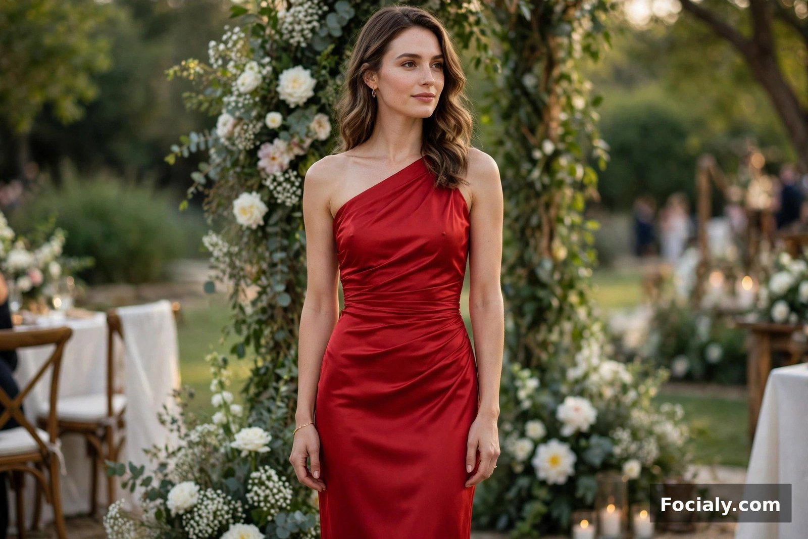 Woman wearing a one-shoulder red midi dress at a wedding