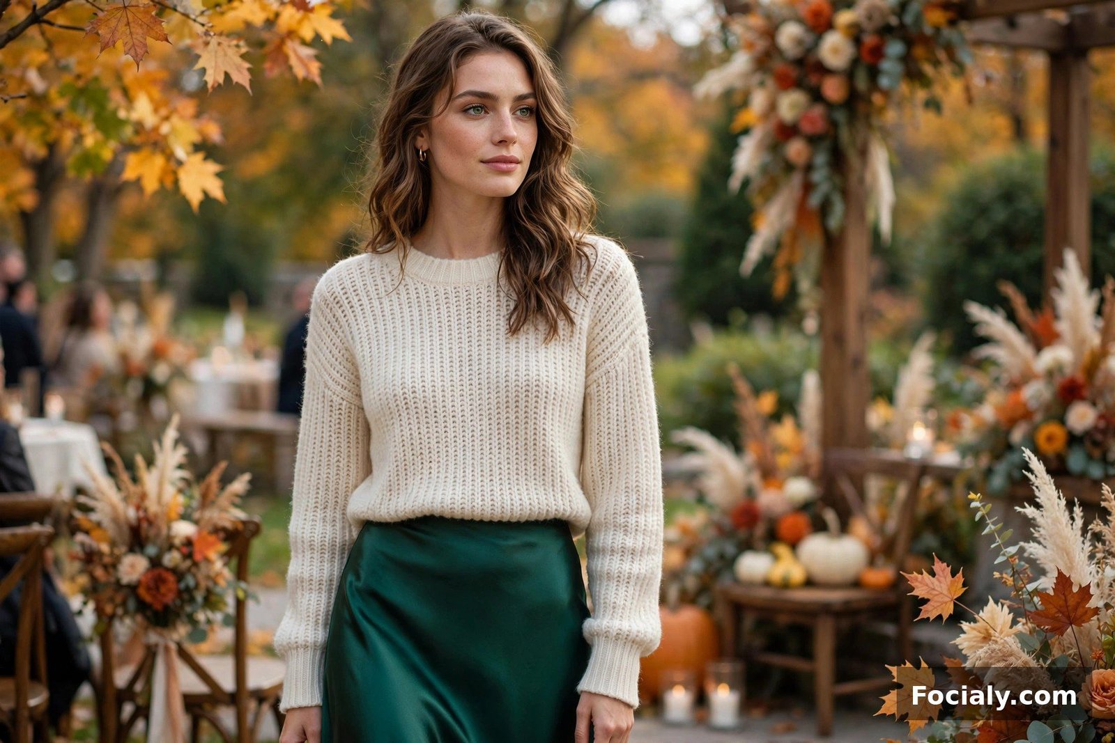 Woman wearing an emerald satin slip skirt with a cream knit top at a fall wedding