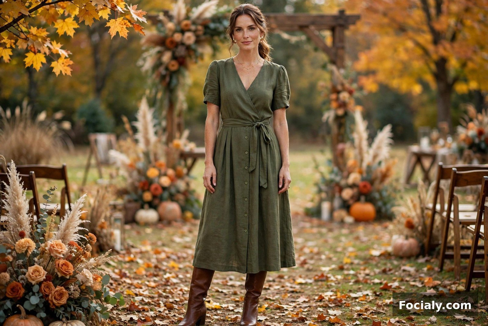 Woman in an olive green midi dress with knee-high boots at a fall wedding