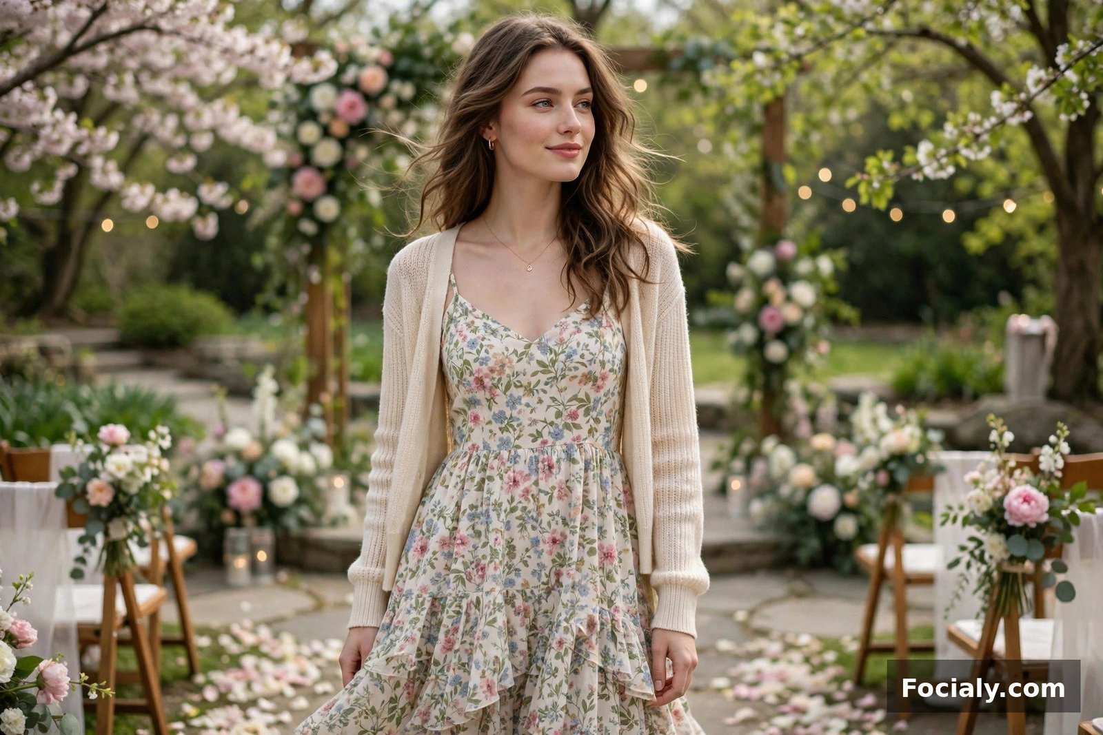 Woman in a floral sundress with a light cardigan at a spring wedding