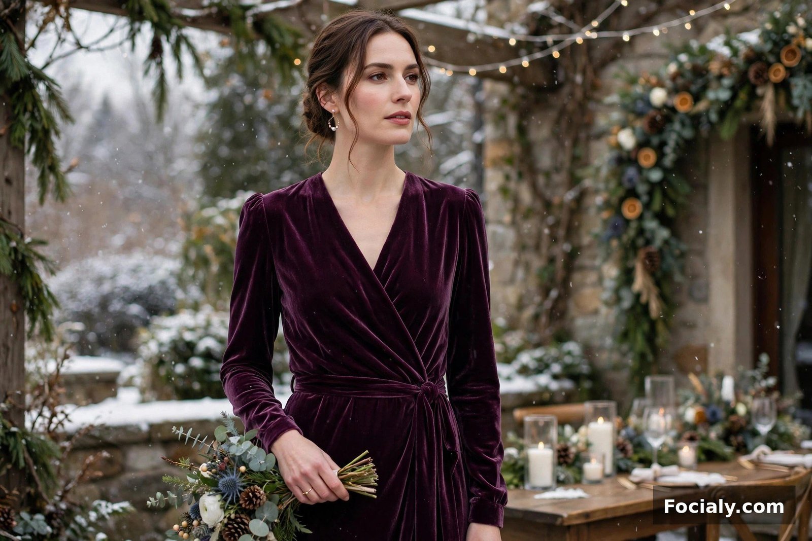 Woman wearing a plum velvet wrap dress at a winter wedding