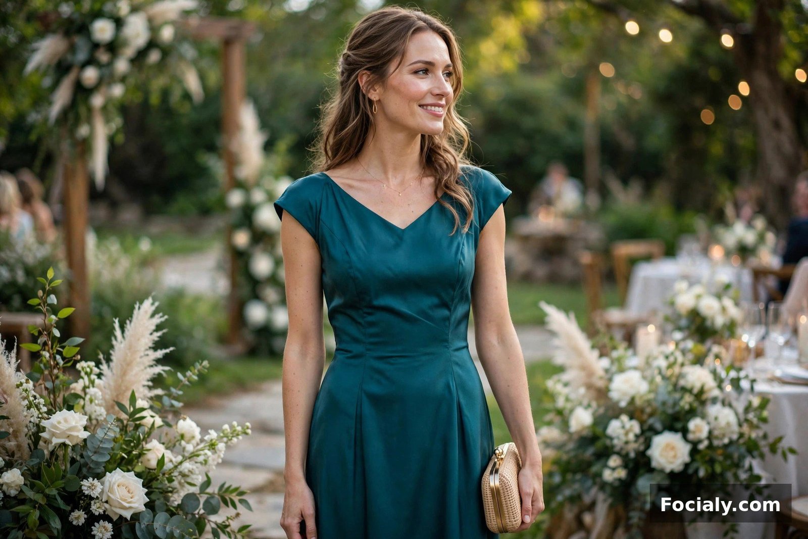 Woman wearing a teal midi dress with cap sleeves at a wedding