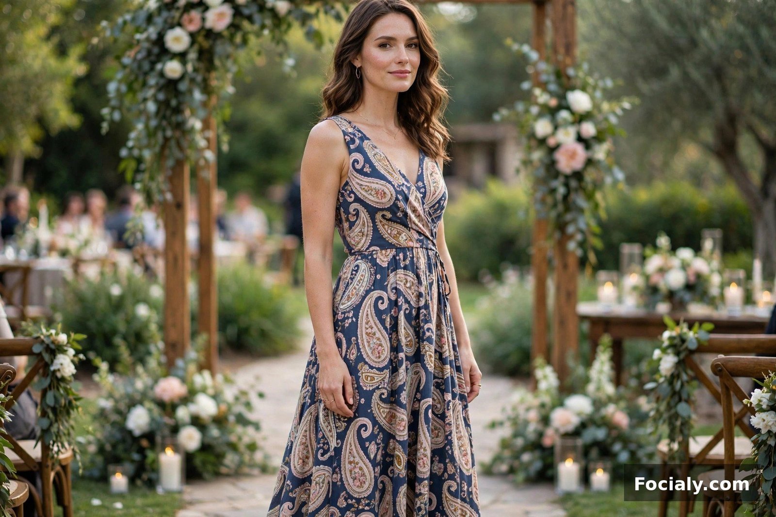 Woman in a paisley print maxi dress at an outdoor wedding