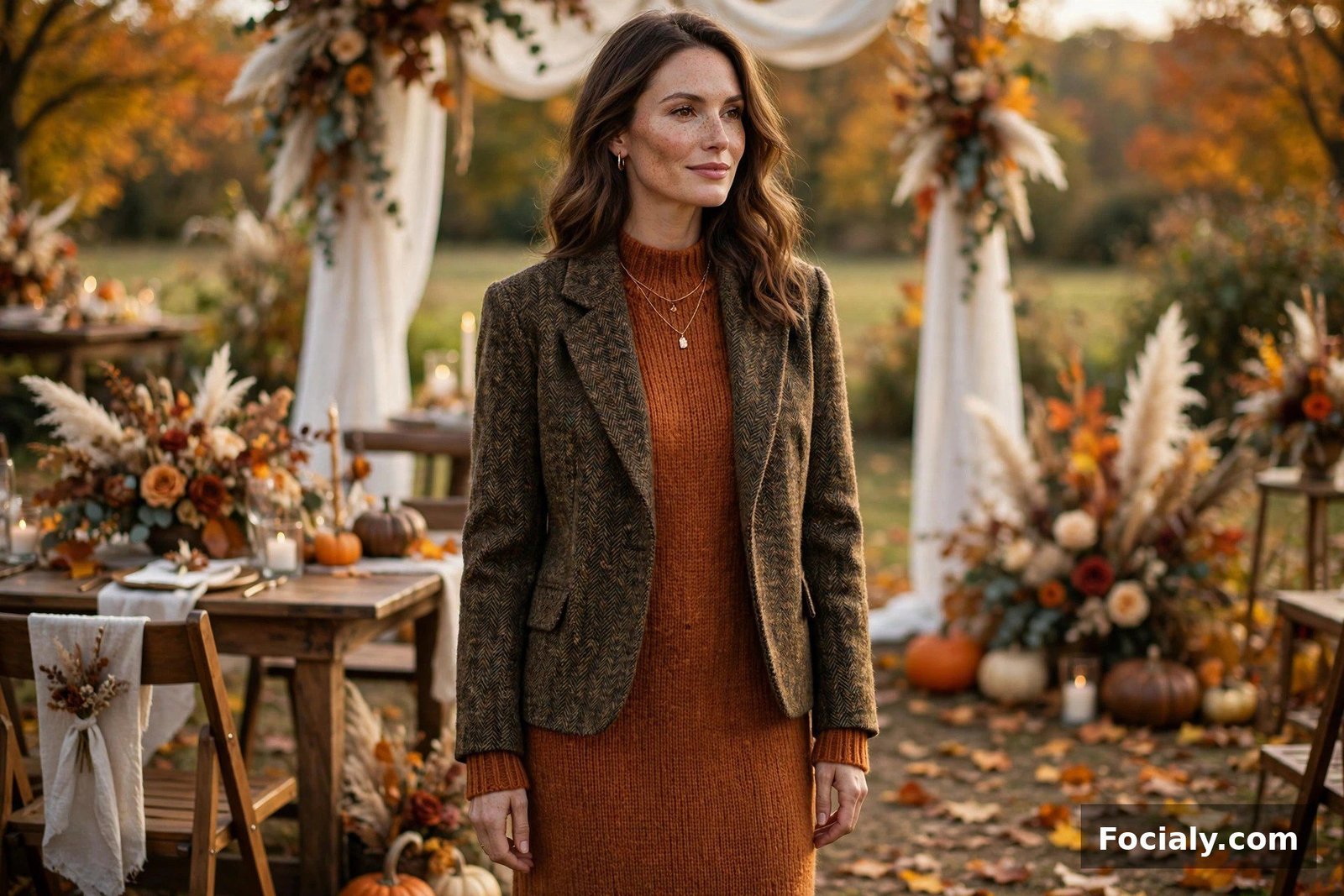 Woman wearing a tweed jacket over a knit dress at a fall wedding