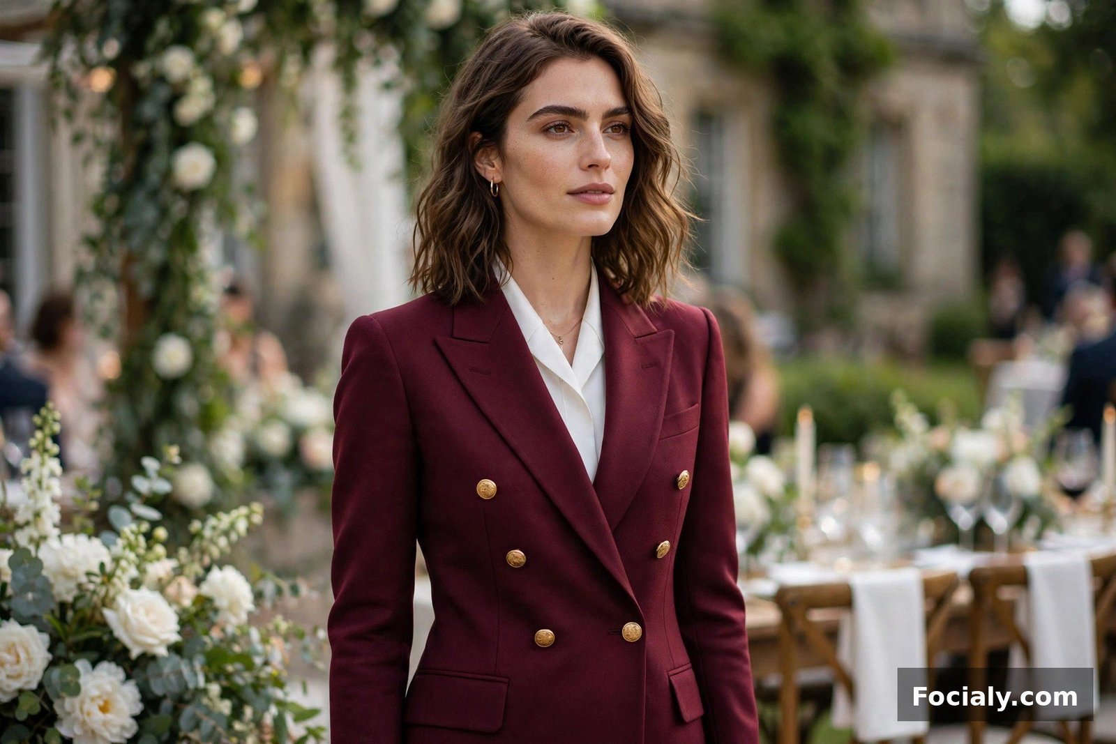 Woman in a sharply tailored burgundy suit at a wedding