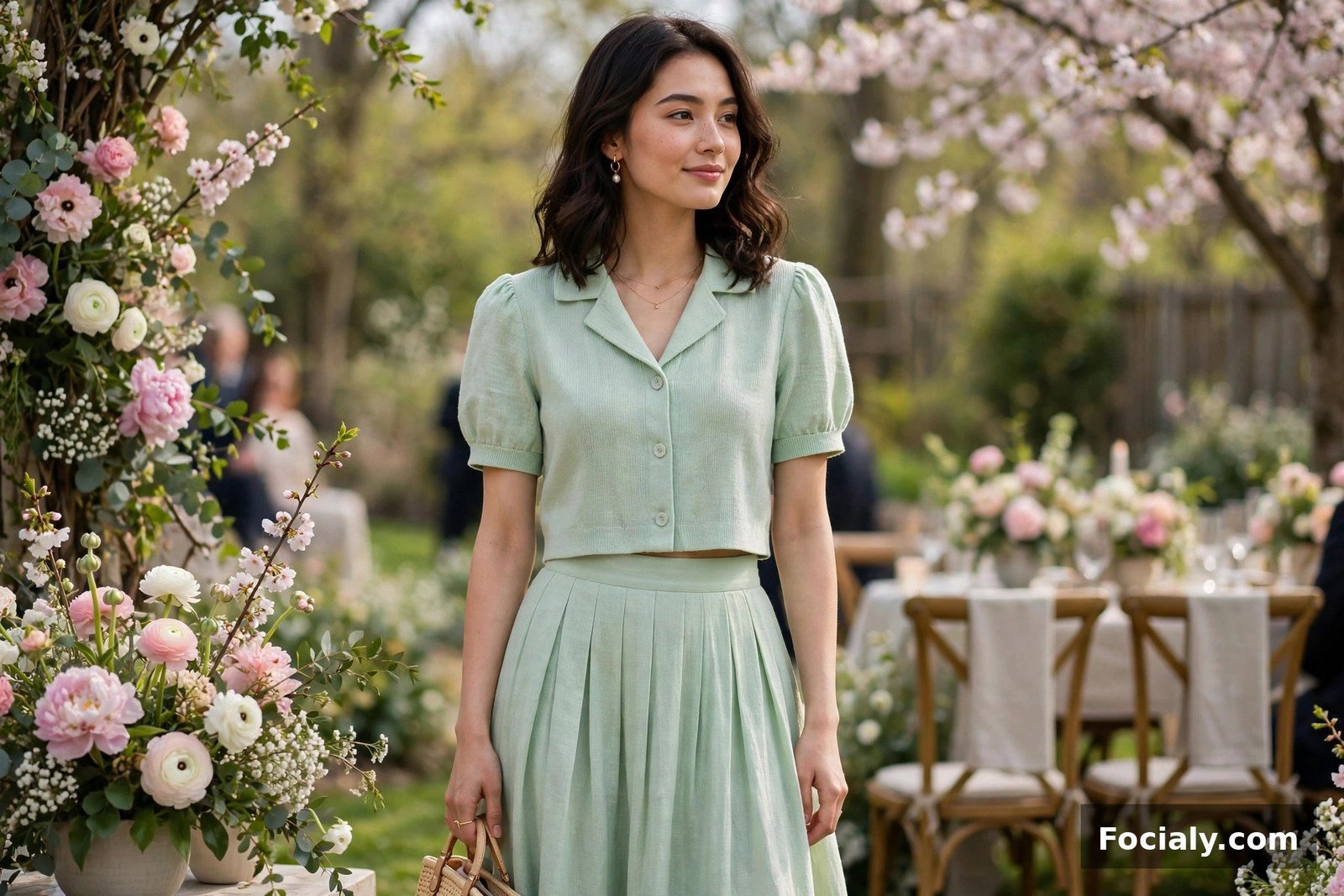 Woman wearing a pastel co-ord set with skirt and top at a spring wedding