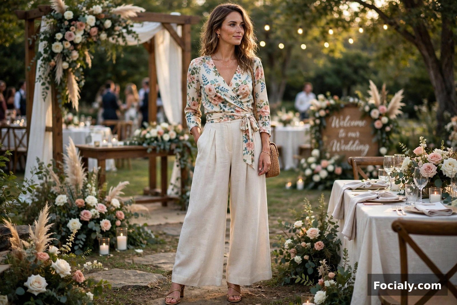 Woman wearing a floral wrap top with wide-leg pants at a wedding