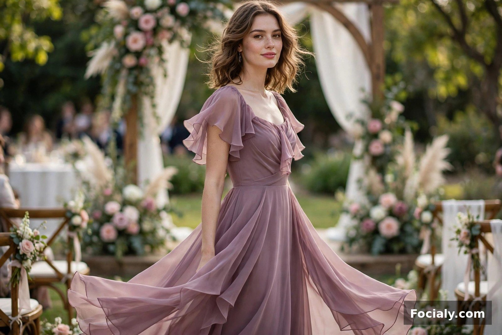 Woman in a mauve chiffon dress with flowing skirt at a wedding